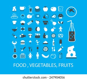 food, vegetables, fruits, cafe, restaurant icons, signs, illustrations set, vector