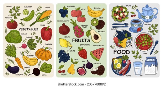 Food, vegetables and fruits. Drawings for poster, card or background. Vegetarian diet food with vitamins. Vector illustration EPS10