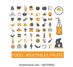 food, vegetables, fruits icons set, vector