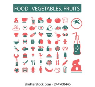 food, vegetables, fruits icons, signs, illustrations set, vector