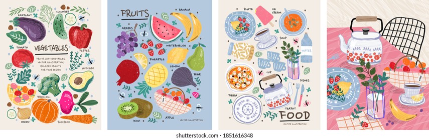 Ételek, zöldségek és gyümölcsök. Vektoros illusztrációk: ételek, kivi, brokkoli, sütőtök, padlizsán, avokádó, körte, paradicsom, teáskanna, csendélet az asztalon, stb Rajzok poszter, kártya vagy háttér

