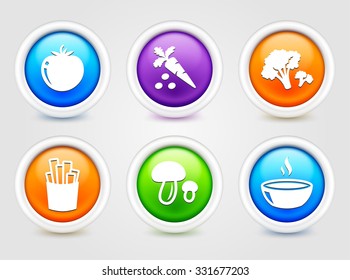 Food and Vegetables on Colorful Round Buttons