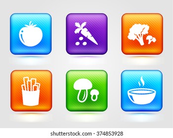 Food and Vegetables on Colorful Square Buttons