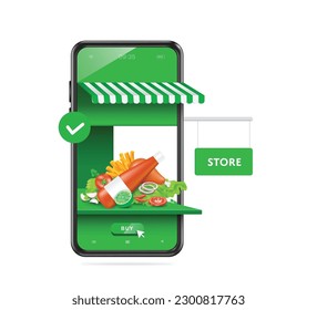 food, vegetables, spices many are placed front green smartphone store to wait for customers to press buy order button below, food delivery, vector 3d isolated for delivery advertising design