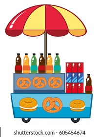 Food vendor with drinks and pretzle illustration