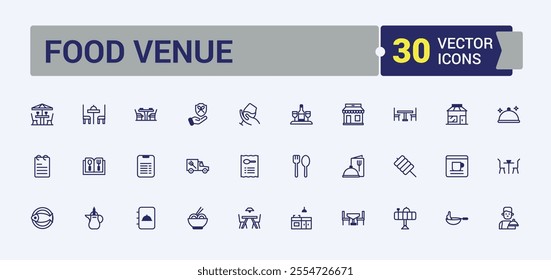 Food Venue line web icon set. Containing menu, bottle, collection, eat, design, spoon, chicken, vector. Thin linear style icons. Solid line editable vector illustration.