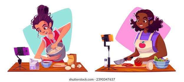 Food video blog - cartoon vector illustration set of two young women cooking and streaming or recording process. Girls demonstrate tutorial of making dough, preparing pastries and chopping vegetables.