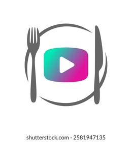 Food video blogging concept logo. Play video button on tv display, fork, table knife and plate elegant symbol. Web online recipes broadcast colorful icon.