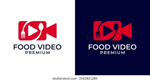 Food Video Logo Design Vector Template. Cooking Food Channel Logo with Camera, Spoon, and Fork. Vector Logo Design of Modern Food, Video, Restaurant, Review, Vlog, Tv, Fork, Spoon.
