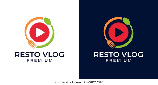 Food Video Logo Design Vector Template. Cooking Food Channel Logo with Camera, Spoon, and Fork. Vector Logo Design of Modern Food, Video, Restaurant, Review, Vlog, Tv, Fork, Spoon.