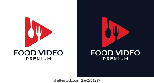 Food Video Logo Design Vector Template. Cooking Food Channel Logo with Camera, Spoon, and Fork. Vector Logo Design of Modern Food, Video, Restaurant, Review, Vlog, Tv, Fork, Spoon.