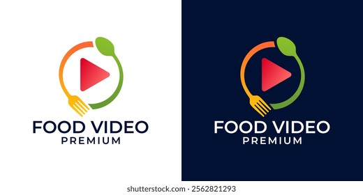 Food Video Logo Design Vector Template. Cooking Food Channel Logo with Camera, Spoon, and Fork. Vector Logo Design of Modern Food, Video, Restaurant, Review, Vlog, Tv, Fork, Spoon.