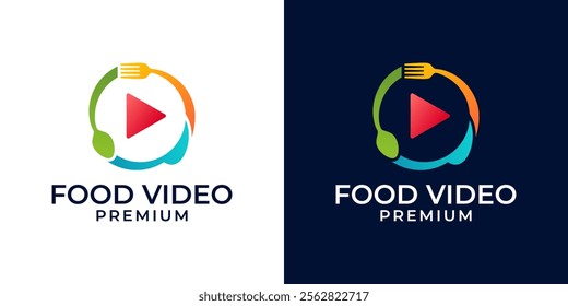 Food Video Logo Design Vector Template. Cooking Food Channel Logo with Play Icon, Plate, Spoon, Fork, and Knife. Vector Logo Design of Food, Video, Eat, Restaurant, Review, Vlog, Tv, Fork, Spoon.