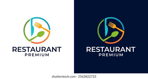 Food Video Logo Design Vector Template. Cooking Food Channel Logo with Play Icon, Plate, Spoon, Fork, and Knife. Vector Logo Design of Food, Video, Eat, Restaurant, Review, Vlog, Tv, Fork, Spoon.