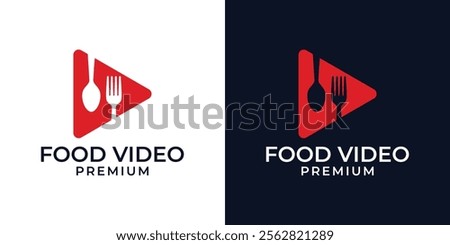 Food Video Logo Design Vector Template. Cooking Food Channel Logo with Camera, Spoon, and Fork. Vector Logo Design of Modern Food, Video, Restaurant, Review, Vlog, Tv, Fork, Spoon.
