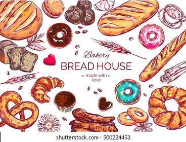 Food view bread composition with isolated colored icon set with bakery and headline made with love vector illustration