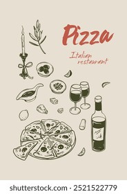 Cartel de escritura a mano de alimentos y Vertical de vid. Fondo de diseño de menú de restaurante italiano. Garabato de carbón. Cuatro queso, margarita, pepperoni, pizza napolitana grabado dibujo minimalista