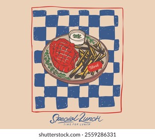 Food vintage artwork. lunch dish artwork for t shirt print, poster, sticker and other uses. French fries. Steak platter print design. Lunch t shirt design. Ribeye steak artwork.