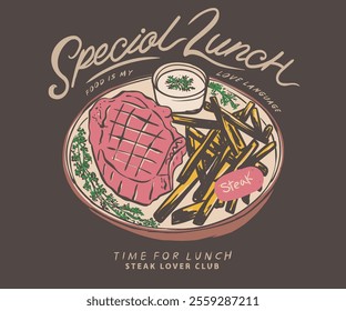 Food vintage artwork. Special lunch dish artwork for t shirt print, poster, sticker and other uses. French fries. Steak platter print design. Lunch t shirt design. Ribeye steak artwork.