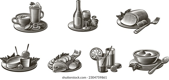 Food vintage icon set. Bottle of wine, dessert with a cup of coffee, meat dish, fish dish, soup, appetizer.
Imitation of engraving style. Retro. For use in the menu, in advertising