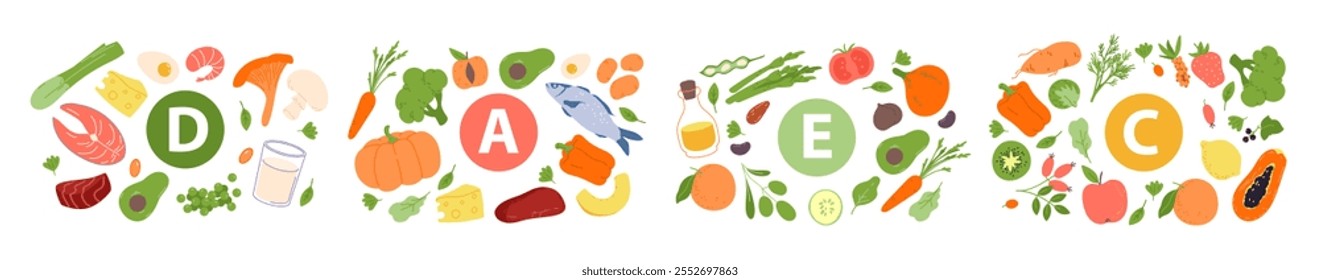 Alimentos com conjunto de design de banner infográfico de vitamina A C E D. Frutas e legumes orgânicos, produtos láteos e peixe, carne e cogumelos como fontes naturais de vitaminas na dieta