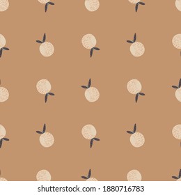 Food vitamin seamless doodle pattern with abstract orange fruit ornament. Beige background. Graphic design for wrapping paper and fabric textures. Vector Illustration.