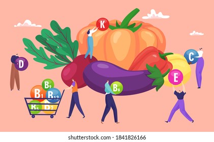 Food vitamin, vector illustration. Organic fruit nutrition diet, healthy vegetarian lifestyle concept. Flat health by vegetable, cartoon people character with eco product. Fresh green medicine source.