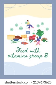 Alimentos con vitaminas del grupo B y personas que contienen ingredientes - carteles modelo de ilustración plana vectorial. Folleto de infografías nutricionales saludables.