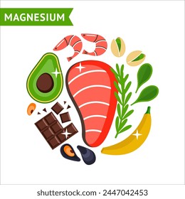 Die Lebensmittel Vitamine, Magnesium Vektorgrafik Set, flaches Design