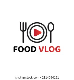 Food Vlog Logo. Simple Combination Of Spoon, Fork, Plate And Play Button Logo Design