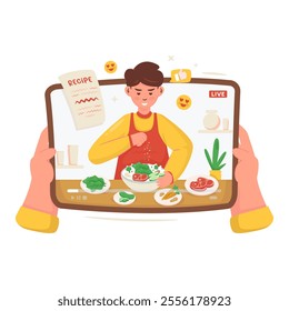 Food vlogger character, Online cooking tutorial, Live streaming food decoration, Vector illustration