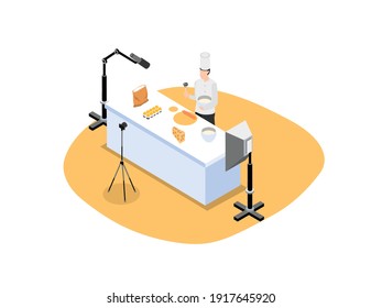 Food vlogger isometric 3d vector concept for banner, website, illustration, landing page, flyer, etc.