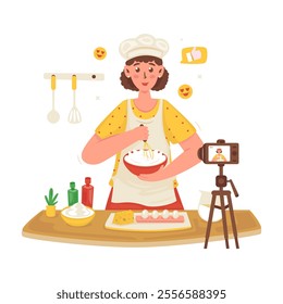 Food vlogger recording cooking content creation, Girl character making cake tutorial, Vector illustration