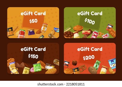 Food Voucher E Gift Card Set Vector Illustration. Store Shopping Cafe Restaurant Present Certificate Value Ticket Special Offer Tag. Grocery Market Shop Promo Admission Price Commercial Meal Coupon