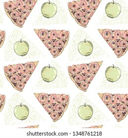 Food wallpaper. Seamless pattern with pieces of apple pie. Sweet cake and apples. 