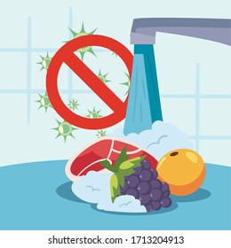Food washing water tap and coronavirus bacterium design of covid 19 virus 2019 ncov cov infection corona epidemic disease symptoms and medical theme Vector illustration