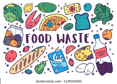 Food waste awareness poster. Vector illustration. Rotten, spoiled and expired food.