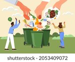 Food waste. Big hands throw leftovers of dishes into trash. Get rid of expired products. Excessive consumption. Taking care of environment. Cartoon flat vector illustration isolated on pink background
