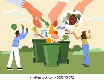 Food waste. Big hands throw leftovers of dishes into trash. Get rid of expired products. Excessive consumption. Taking care of environment. Cartoon flat vector illustration isolated on pink background