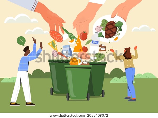 Food waste. Big hands throw leftovers of\
dishes into trash. Get rid of expired products. Excessive\
consumption. Taking care of environment. Cartoon flat vector\
illustration isolated on pink\
background