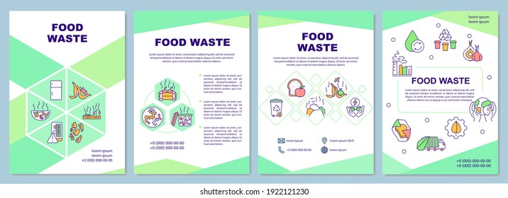 Food waste brochure template. Leftovers in restaurants. Flyer, booklet, leaflet print, cover design with linear icons. Vector layouts for magazines, annual reports, advertising posters