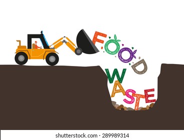 Food Waste concept. Bulldozer buries uneaten food underground. Editable Clip Art.