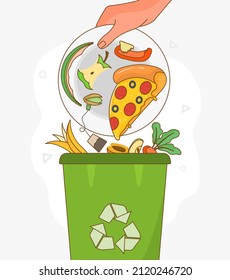 Food waste concept. Hand throws food into trash, recycling and proper disposal of waste. Unsavory pizza, food leftovers. Throw away groceries after shelf life end. Cartoon flat vector illustration