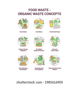 Food waste concept icons set. Organic waste idea thin line RGB color illustrations. Food-soiled paper. Climate change mitigation. Quality protection. Vector isolated outline drawings. Editable stroke