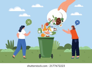 Food waste concept. Man and woman with plates of natural and organic products next to wastebasket. Environment care and reduction of harmful emissions ecology. Cartoon flat vector illustration