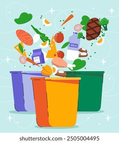 Food waste concept. Waste processing, recycling and reuse. Reducing emissions of harmful waste into atmosphere. Garbage disposal. Flat vector illustration isolated on green background