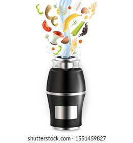 Food waste disposer for home kitchen sink with slices of fruits, vegetables and other kitchen scraps falling into it with water, vector realistic illustration isolated on white background.