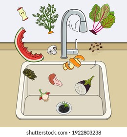 Food waste disposer for home kitchen sink with kitchen scraps falling into it. Recycling organic waste. Sustainable living, zero waste concept. Hand drawn vector illustration. 