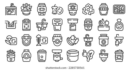 Iconos del eliminador de desechos alimenticios establecen el vector de contorno. El lavabo de basura. Residuos de alimentos