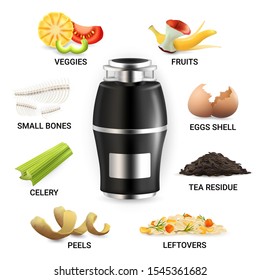 Food waste disposer and kitchen scraps, vector illustration isolated on white background. Veggies, fruits, eggs shell, tea residue, peels, small bones, leftovers, celery plant organic food waste.